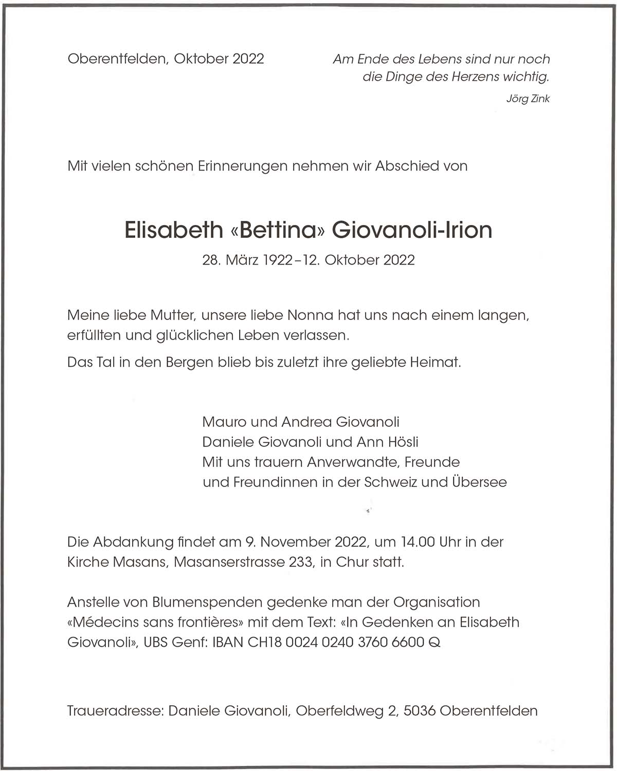 Todesanzeige Elisabeth Giovanoli-Irion 1922 | Der Landanzeiger