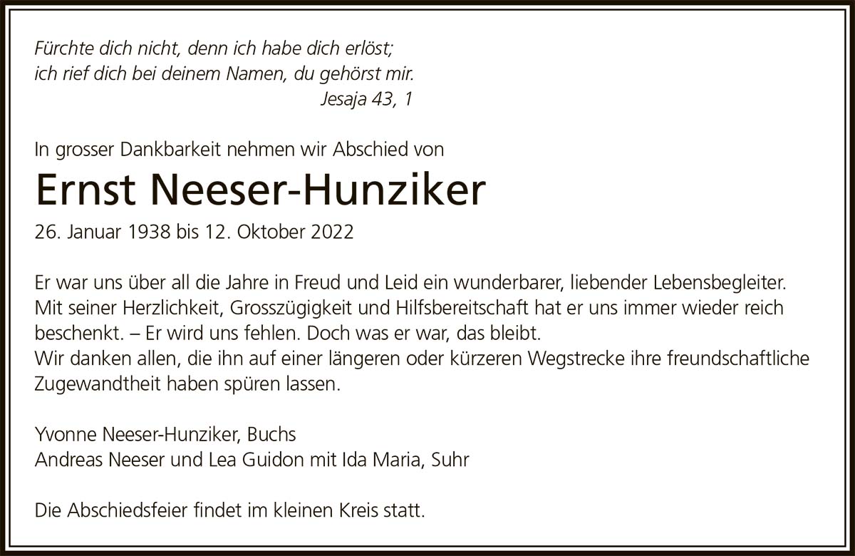 Todesanzeige Ernst Neeser-Hunziker 1938 | Der Landanzeiger