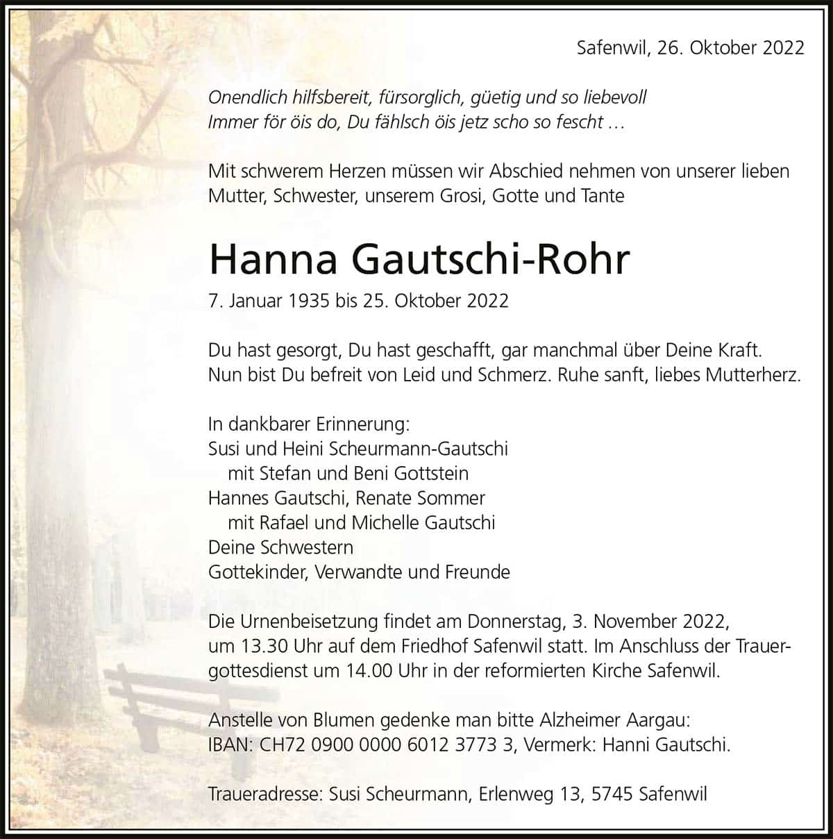 Todesanzeige Hanna Gautschi-Rohr 1935 | Der Landanzeiger