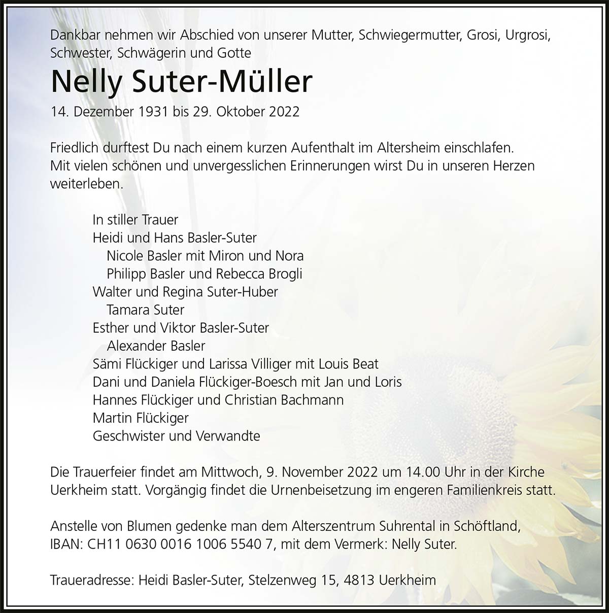 Todesanzeige Nelly Suter-Müller 1931 | Der Landanzeiger