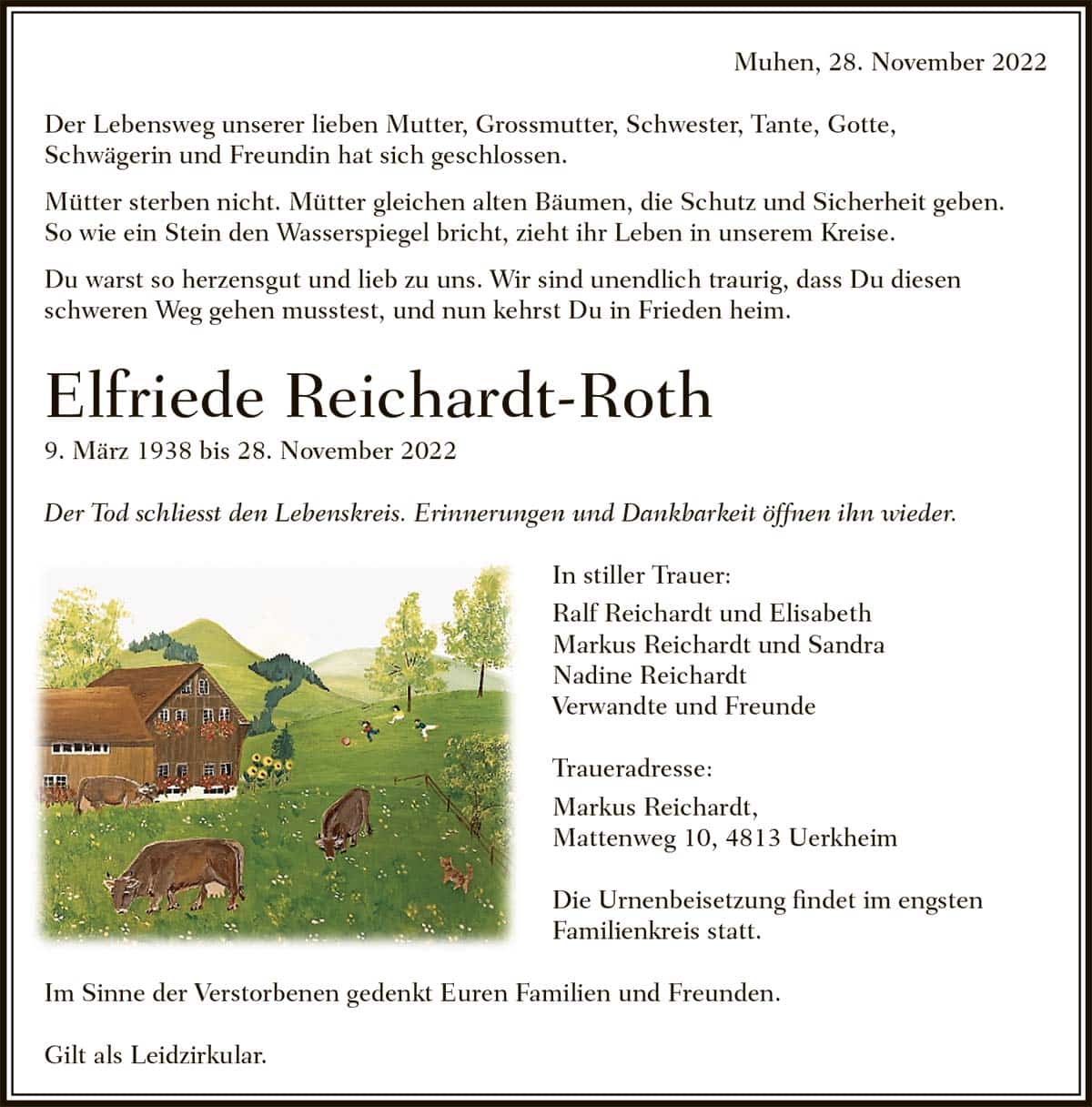 Todesanzeige Elfriede Reichardt-Roth 1938 | Der Landanzeiger