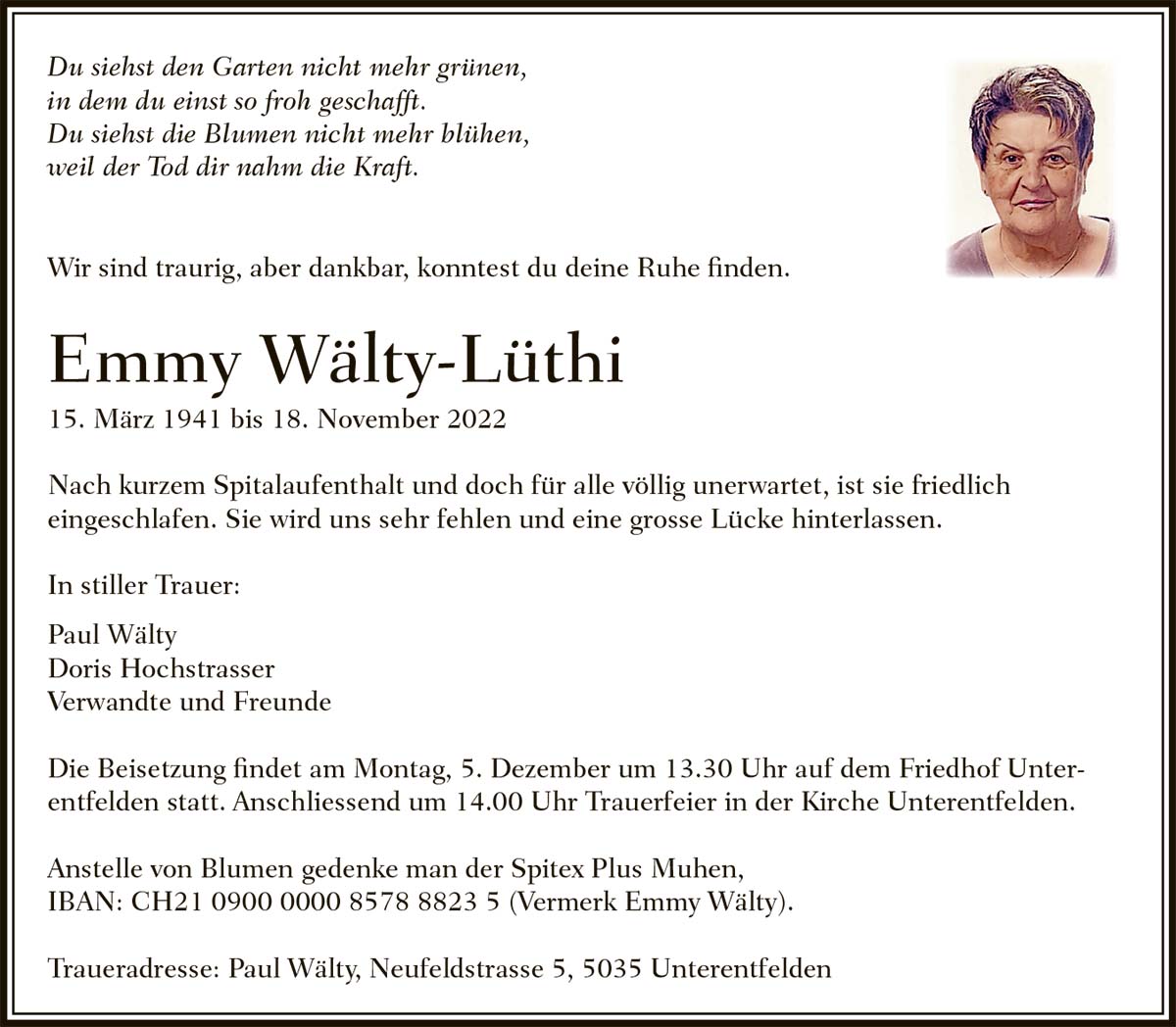 Todesanzeige Emmy Wälty-Lüthi 1941 | Der Landanzeiger