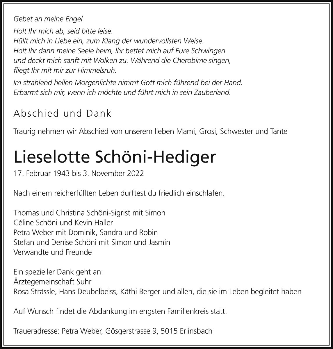 Todesanzeige Lieselotte Schöni-Hediger 1943 | Der Landanzeiger