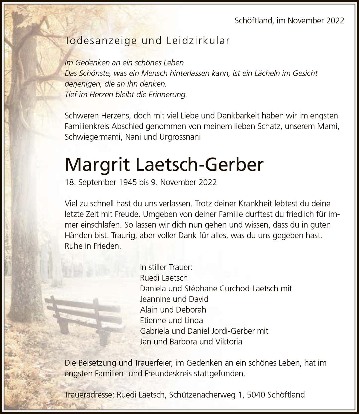 Todesanzeige Margrit Laetsch-Gerber 1945 | Der Landanzeiger