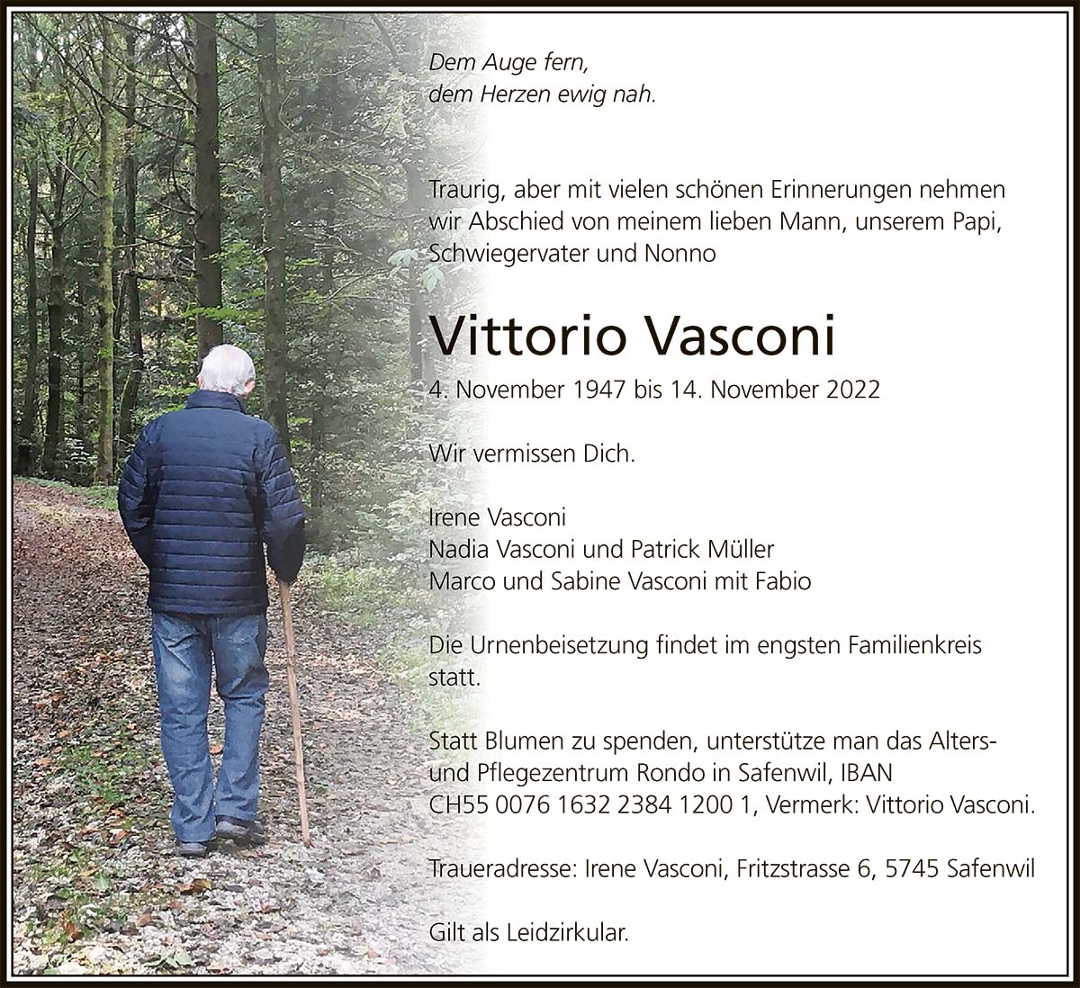 Todesanzeige Vittorio Vasconi 1947 | Der Landanzeiger