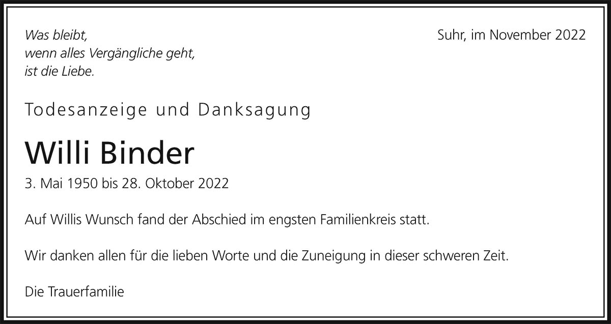 Todesanzeige Willi Binder 1950 | Der Landanzeiger