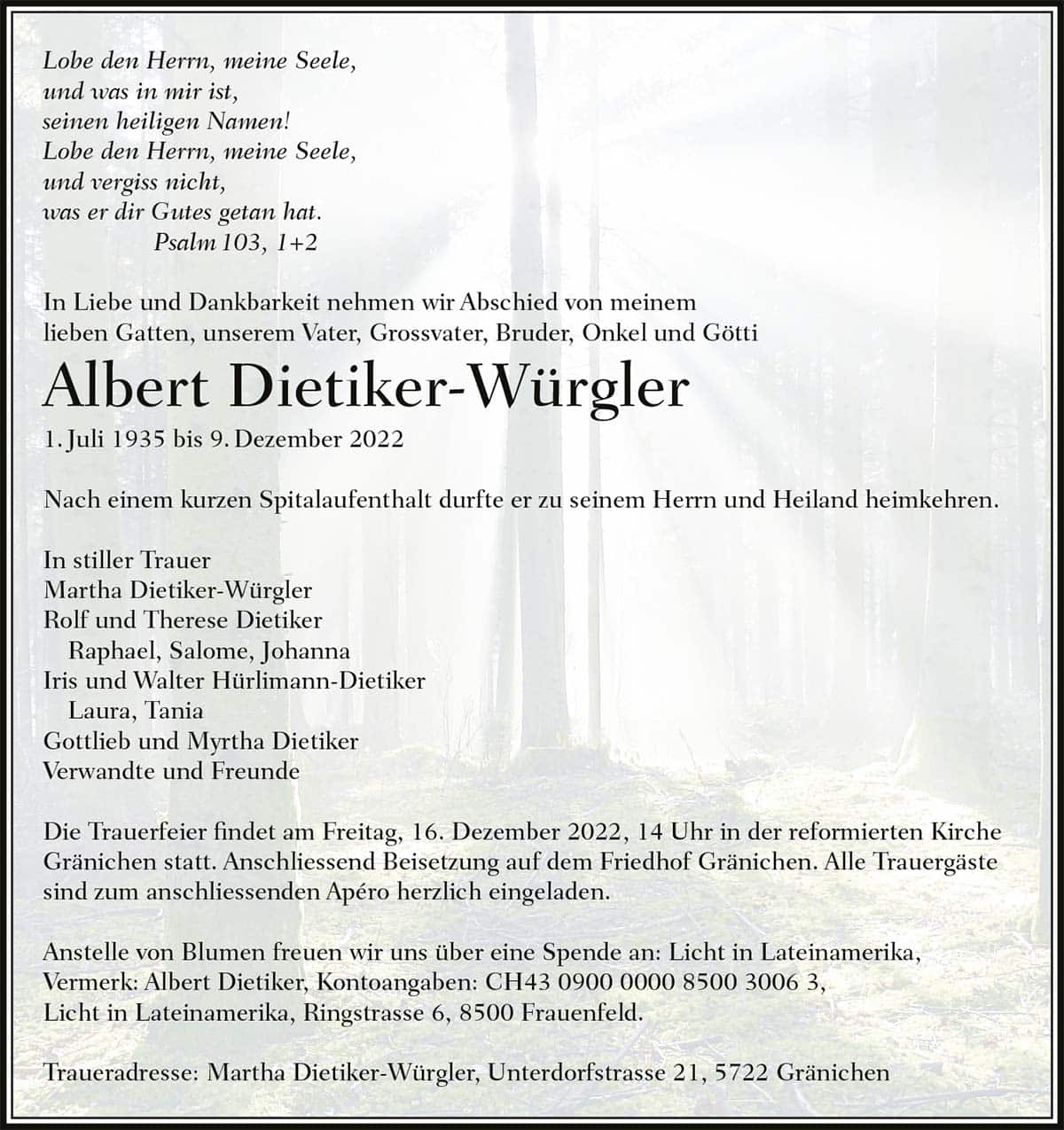 Todesanzeige Albert Dietiker-Würgler 1935 | Der Landanzeiger