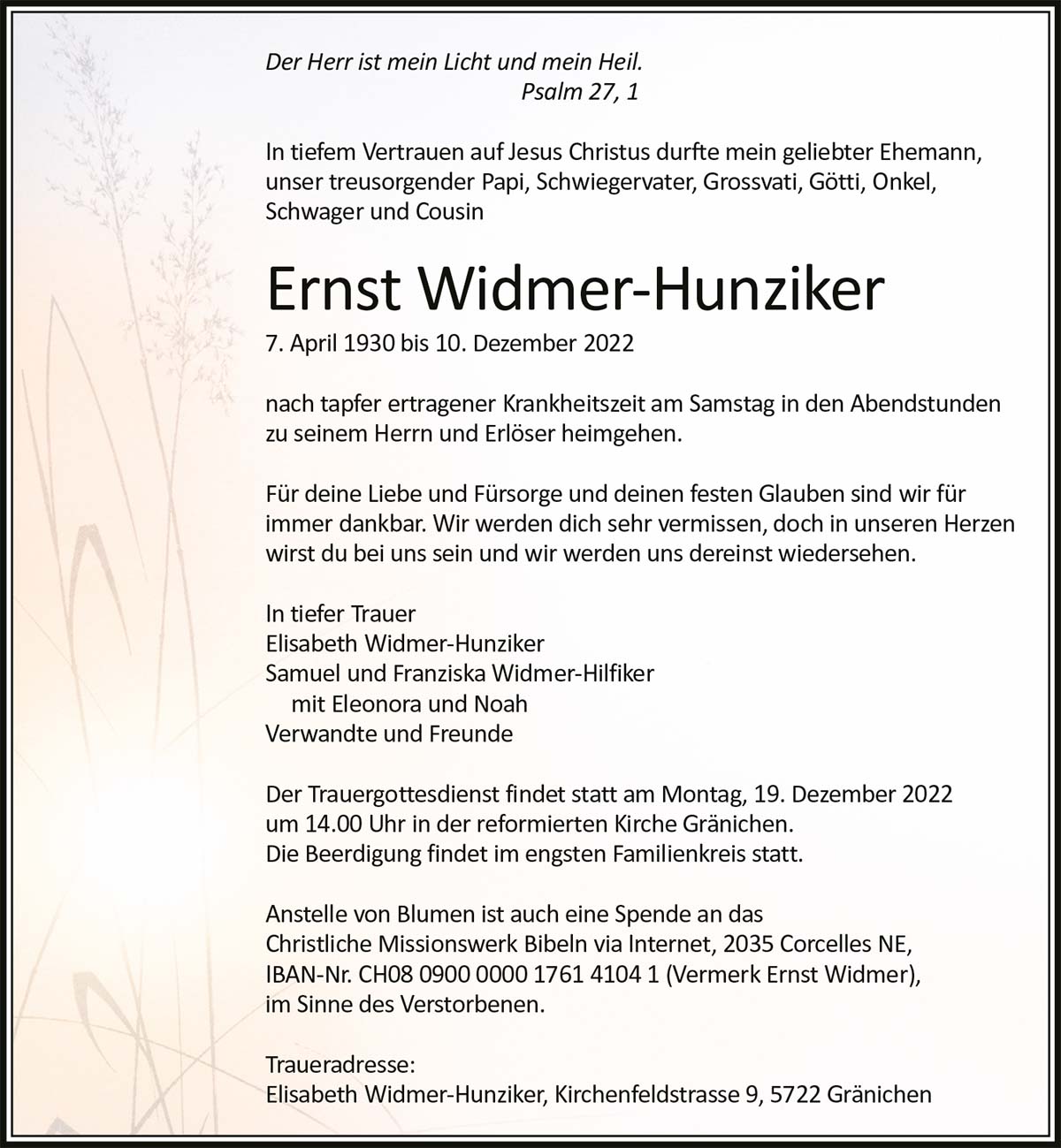 Todesanzeige Ernst Widmer-Hunziker 1930 | Der Landanzeiger