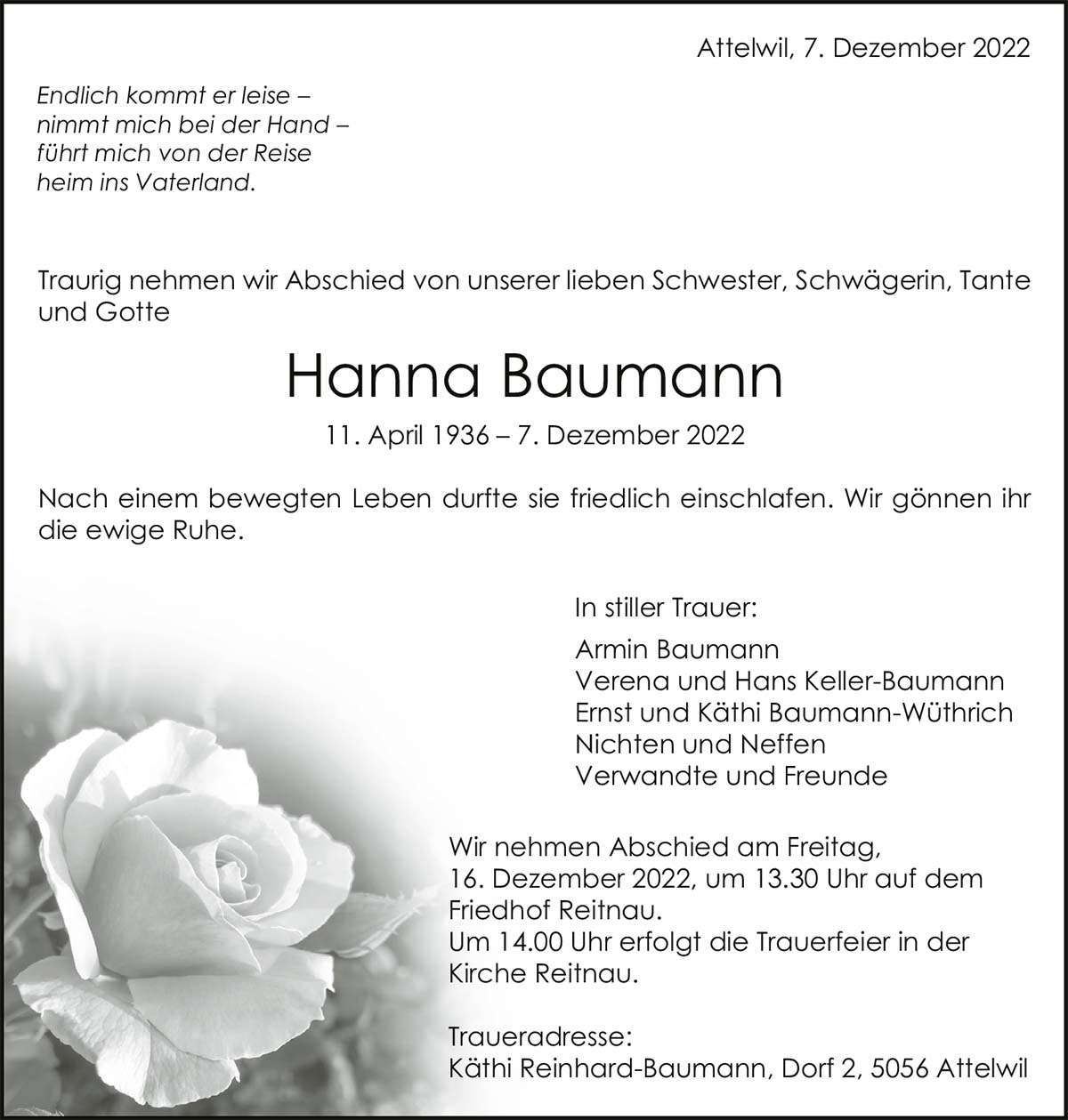 Todesanzeige Hanna Baumann 1936 | Der Landanzeiger