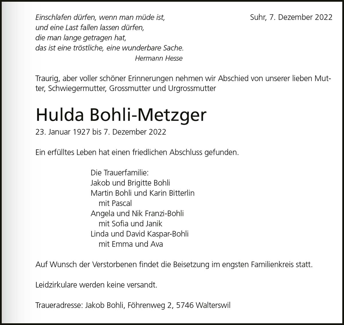 Todesanzeige Hulda Bohli-Metzger 1927 | Der Landanzeiger