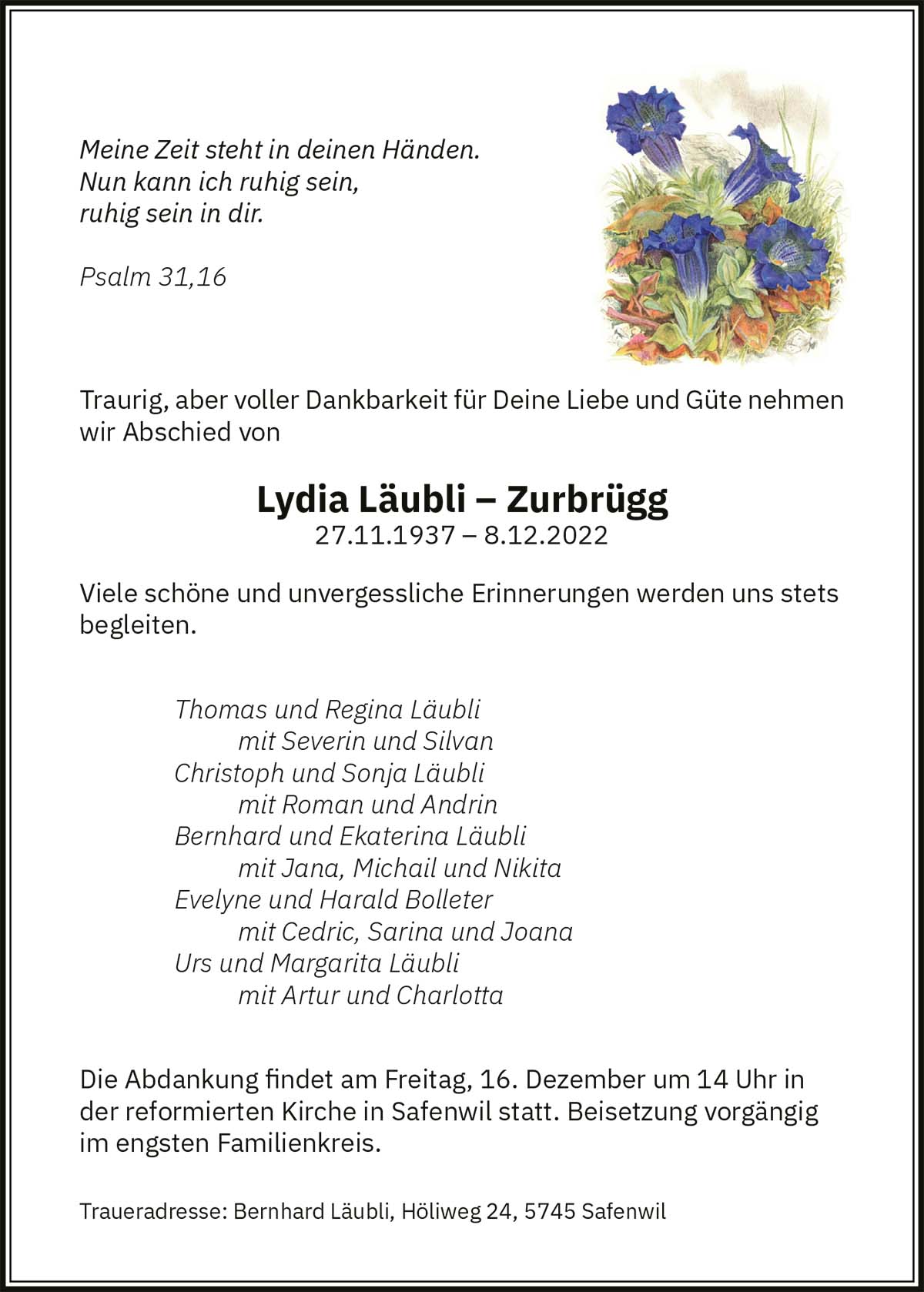 Todesanzeige Lydia Läubli-Zurbrügg 1937 | Der Landanzeiger