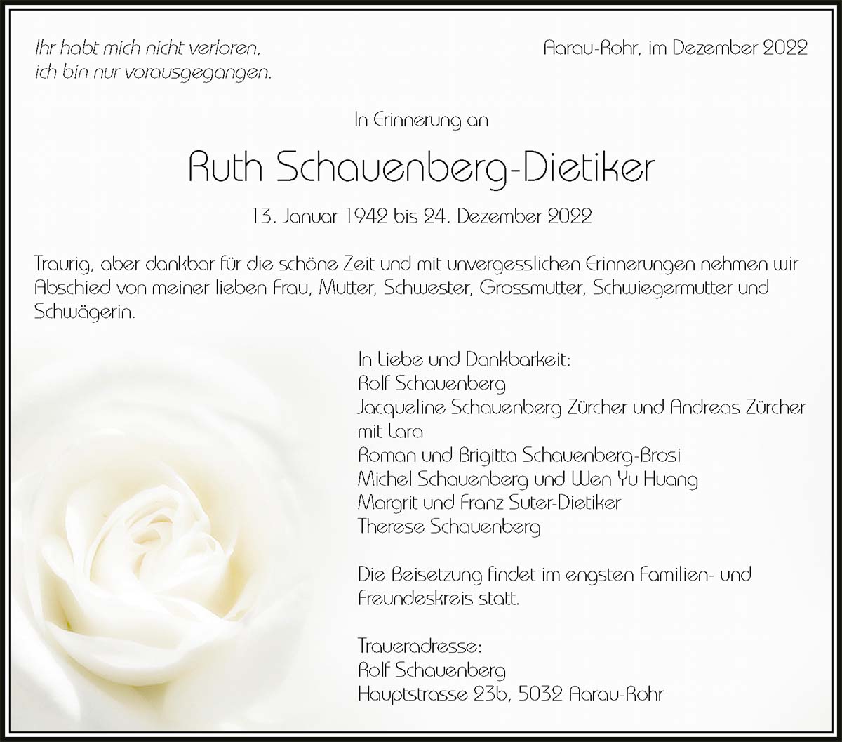 Todesanzeige Ruth Schauenberg-Dietiker 1942 | Der Landanzeiger