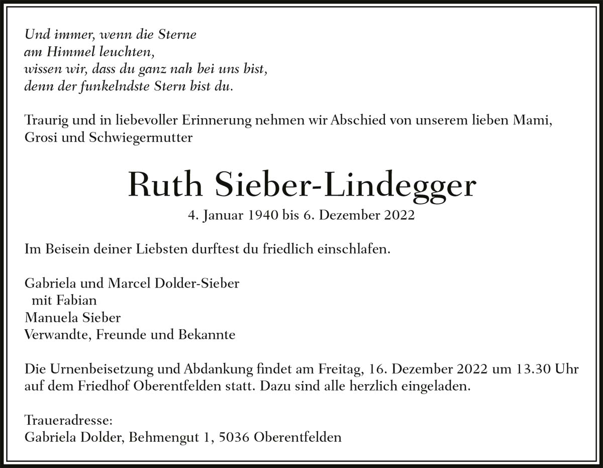 Todesanzeige Ruth Sieber-Lindegger 1940 | Der Landanzeiger